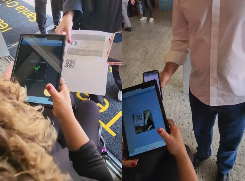 Check-in sendo feito por promotora com tablet: num quadro a leitura do QR Code impresso, no outro a leitura do QR na tela do celular do participante